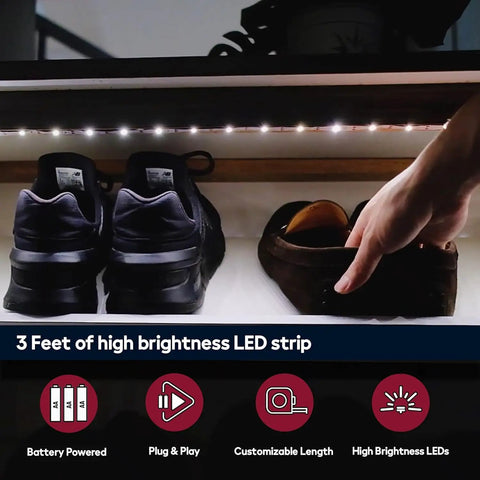Battery Powered LED Strip Lights 40 Inch 3 Pack Wireless Under Cabinet Lighting illuminating shoes under a shelf