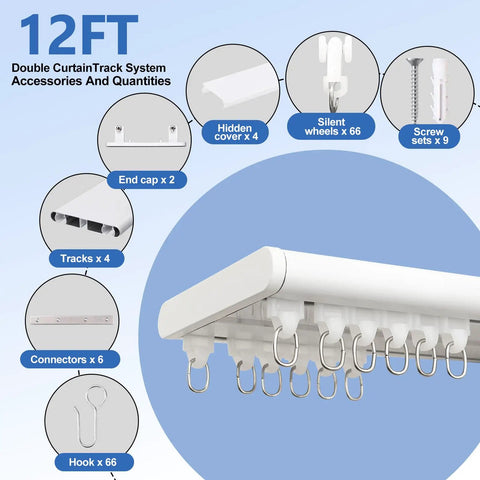 Double Row Ceiling Curtain Track System Silent Heavy Duty Aluminum Rails For Sliding Curtains And Room Divider In White 12 Foot Length Built To Last For Bedroom Living Room Office Or Hotel, 12 ft kit accessories
