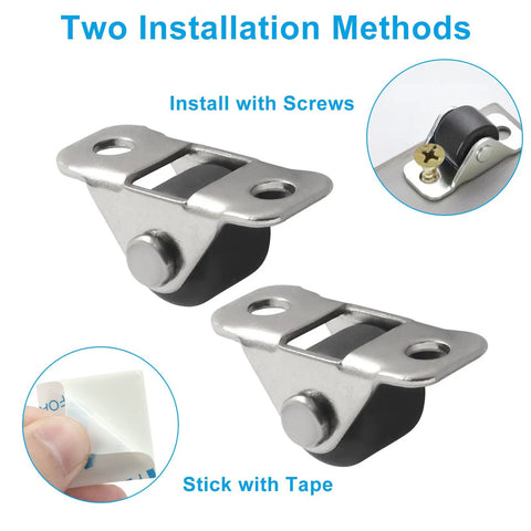 Hella Smooth Rolling 8 Piece Mini Caster Wheels Built Tough With Rubber Tread For Home Office Gear and Storage Bins Easy Install Heavy Duty Fixed Casters Solid Eighty Eight Lbs Limit Setup Right Away installation methods image showing screw and tape options.