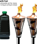 Outdoor Metal Patio Torches Set Ideal For Deck Patio Backyard Outdoor Parties And Weddings Includes Fiberglass Wick And Snuffer Cap 4 Pack Long Lasting Five Hour Flame With Citronella Oil Not Included, featuring two bronze torches with flames and a fuel bottle.