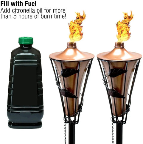 Outdoor Metal Patio Torches Set Ideal For Deck Patio Backyard Outdoor Parties And Weddings Includes Fiberglass Wick And Snuffer Cap 4 Pack Long Lasting Five Hour Flame With Citronella Oil Not Included, featuring two bronze torches with flames and a fuel bottle.