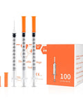Dead On Accurate 31 Gauge 1cc Insulin Syringe With Sharp 5/16 Inch Needles Smooth Gliding Plunger U 100 Precision Dosing Individually Sealed No Sweat Packaging Solid 100 Pack Disposable Medical Supply in a box with orange caps.