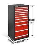 Front view of Beefy Heavy Duty Modular Drawer Cabinet With 11 Drawers, Steel Tool Storage Organizer, Industrial Grade, 59 Inch Wide, 28.5 Inch Deep, 22.5 Inch High, Powder Coated Finish, Rugged Workshop Storage.