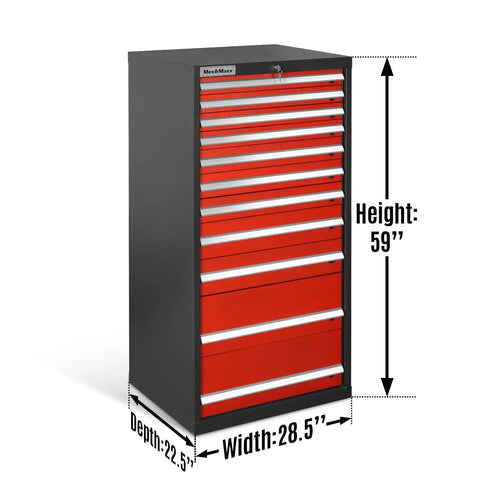 Front view of Beefy Heavy Duty Modular Drawer Cabinet With 11 Drawers, Steel Tool Storage Organizer, Industrial Grade, 59 Inch Wide, 28.5 Inch Deep, 22.5 Inch High, Powder Coated Finish, Rugged Workshop Storage.