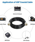 Low Loss RG213 Coax Cable 6ft UHF Male To Male for ham radio and VHF antenna setup, shown with radio equipment applications