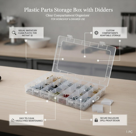 Portable Tool Box Organizer with clear compartments, dividers, and transparent lid for screws and nuts storage in workshop.