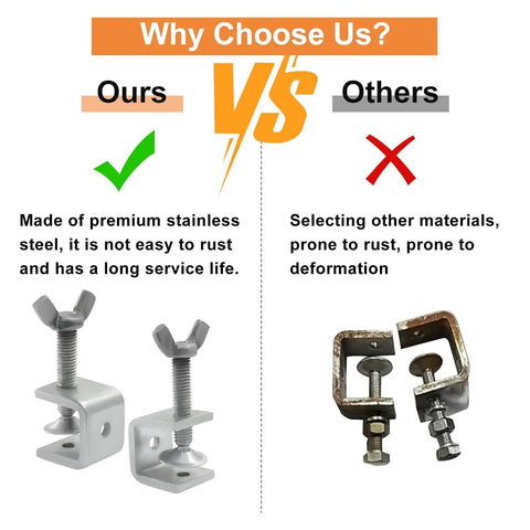 Comparison of Stainless Steel C Clamp Tiger Clamp Set Two Pack with rust-prone alternatives, highlighting durability and corrosion resistance.