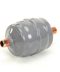 C053S Filter Drier Three Eighths Inch ODF Solder for refrigeration and HVAC systems, gray with copper fittings, Sporlan desiccant packed unit.