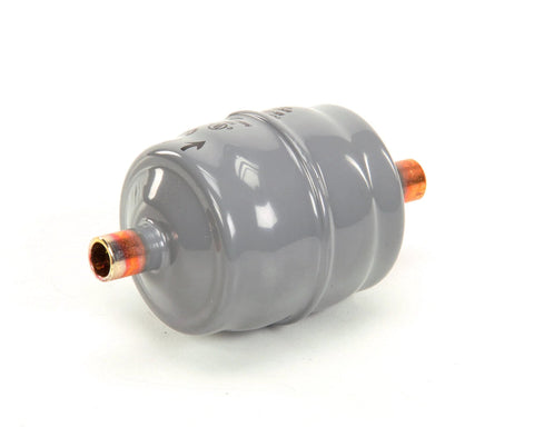 C053S Filter Drier Three Eighths Inch ODF Solder for refrigeration and HVAC systems, gray with copper fittings, Sporlan desiccant packed unit.