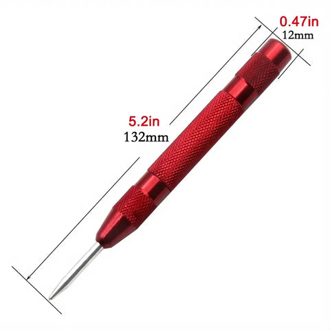 Bad Ass 5 Inch Spring Loaded Automatic Center Punch Tool Built Tough With Polished Steel Round Head, detailed dimensions in red finish.