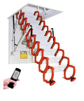 Heavy Duty Electric Attic Ladder Pull Down Loft Stair With Remote Control Auto Deploy Scissor Lift with orange handles.