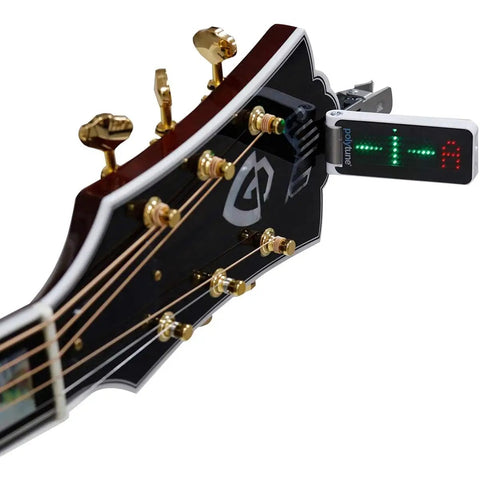 PolyTune Clip On Guitar Tuner With Polyphonic Tuning Strobe And Chromatic Modes Plus 108 LED Matrix Display on guitar headstock.