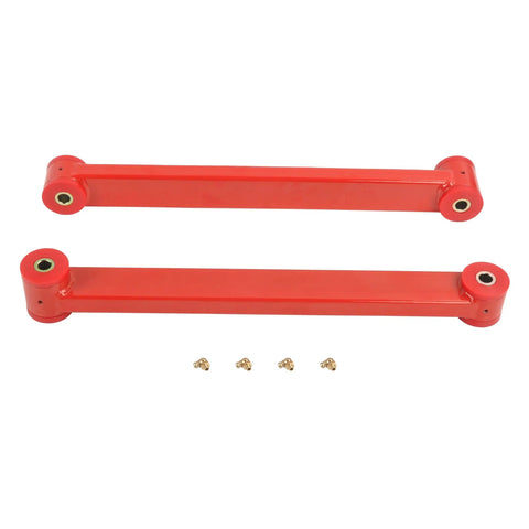 Four Piece Rear Upper And Lower Control Arms And Adjustable Panhard Track Bar Kit For Enhanced Suspension Precise Alignment Grease Sealed Bushing Design Quiet Ride Heavy Duty Performance For Off Road And Daily Driver Trucks, red control arms with bushings
