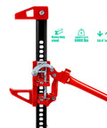 Red bumper jack ratcheting style side view; heavy-duty steel, 3-ton capacity