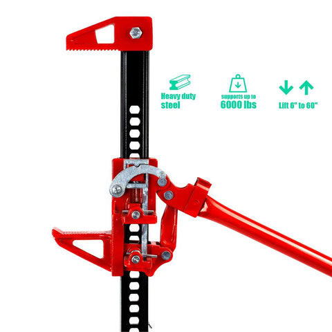 Red bumper jack ratcheting style side view; heavy-duty steel, 3-ton capacity