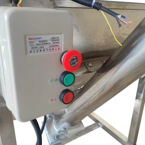 Control panel of stainless steel screw conveyor with vibrating hopper, 4.5 inch inclined auger feeder for powder feeding.