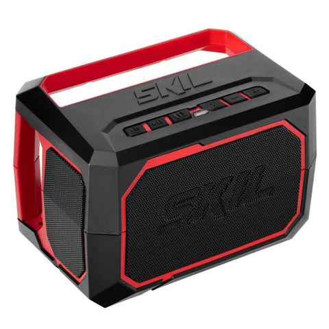 Heavy Duty Portable Bluetooth Speaker With Kickass Bass And Wireless Audio, rugged design with red accents, perfect for job sites.