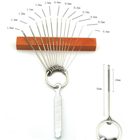 Guitar Luthier Tool Set With 13 Stainless Steel Bridge Saddle Nut Files and sizing details on white background.