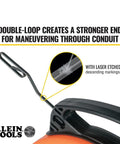 Double loop tip of 50 Foot Electrical Fish Tape Pro Grade With Steel Wire Puller, optimized housing shown, with laser etched markings