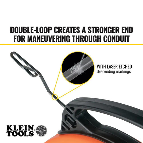 Double loop tip of 50 Foot Electrical Fish Tape Pro Grade With Steel Wire Puller, optimized housing shown, with laser etched markings