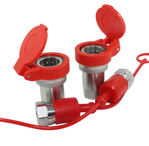 Two red 1/2-inch hydraulic quick-connect couplers with metal bodies and dust caps