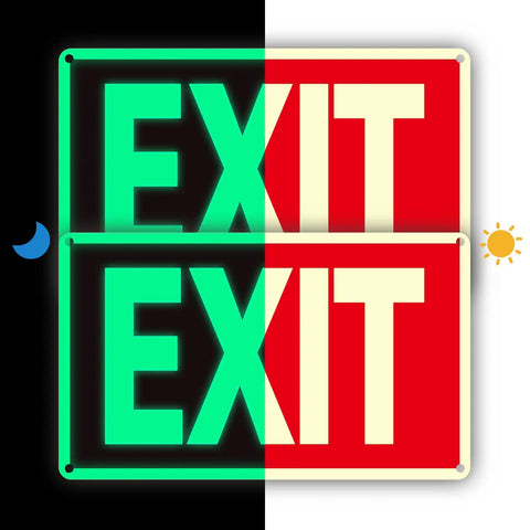 Two Pack Glow In The Dark Aluminum Exit Signs 12x7 Inches Photoluminescent Laminated For UV Weather And Fade Resistance Built Tough Easy To Spot Indoors And Outdoors For Office School Warehouse Business Fire Exit Sign, stacked exit signs