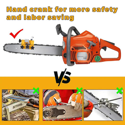 Portable Chainsaw Sharpening Kit For No Fuss Edge Renewal, Lightweight Outdoor Sharpening Tool Set For All Chainsaws And Electric Saws, Easy To Use, Fast Sharpening In Seconds, Includes Sharpener File Table, 1 Piece displayed with orange chainsaw and safety crank.
