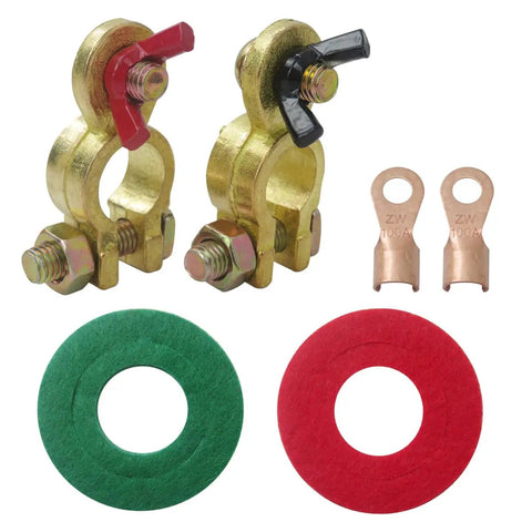 Two Pack Solid Brass Battery Terminal Connectors Top Post End Clamps For Cars And Marine Color Coded Wing Nuts Included