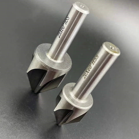 Two 60-degree HSS chamfer end mills with silver cylindrical shanks