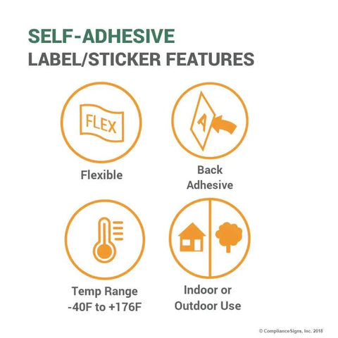 Self-Adhesive Label/Sticker Features highlighting flexible, back adhesive, temp range -40F to 176F for indoor or outdoor use.