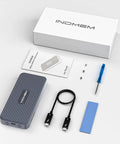 Kick Butt M2 Nvme Ssd Enclosure With 80Gbps Transfer Speed And Quiet Cooling Fan For Thunderbolt And Usb4 Systems Supports Pcie Gen 5 Drives Up To 8Tb with USB cable, screwdriver, instruction manual, screws, and mounting pad.