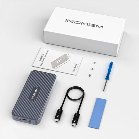 Kick Butt M2 Nvme Ssd Enclosure With 80Gbps Transfer Speed And Quiet Cooling Fan For Thunderbolt And Usb4 Systems Supports Pcie Gen 5 Drives Up To 8Tb with USB cable, screwdriver, instruction manual, screws, and mounting pad.