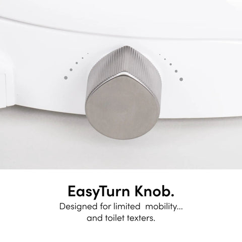 Smooth Non Electric Bidet Toilet Seat Elongated Design With Bamboo Knob close up of EasyTurn knob for manual control.