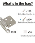 Contents shown include Brushed Nickel Cabinet Hinges Self Closing Half Inch Overlay Flush Mount For Kitchen Cabinets Doors.