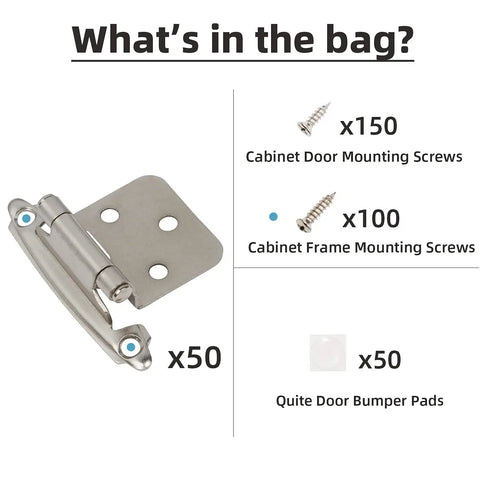 Contents shown include Brushed Nickel Cabinet Hinges Self Closing Half Inch Overlay Flush Mount For Kitchen Cabinets Doors.
