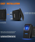 Image showing a side and angled view of a Six Piece Five Pin SPST Rocker Switch Kit with Night Glow for various vehicles.