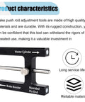 Brake booster push-rod adjustment tool, black metal with silver rod, front view