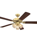 52 Inch Vintage Indoor Ceiling Fan With Dimmable LED Light And Clear Ribbed Glass, Polished Brass Finish, Reversible Walnut And Oak Blades