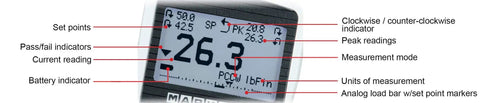M3 100 Series Digital Force Gauge With 100 Pound Force Capacity, Ultra Compact Design, Pro Grade High Speed 2000 Hz Sampling, Accuracy Within Three Tenths Of One Percent, USB Output, Reversible Housing And Display For Easy On The Go Measurements. display screen showing current reading, peak readings, set points, and units
