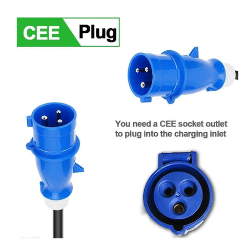 CEE plug for Heavy Duty Portable Ev Charger With Type Two And J1772 Adapters for secure connections and charging.