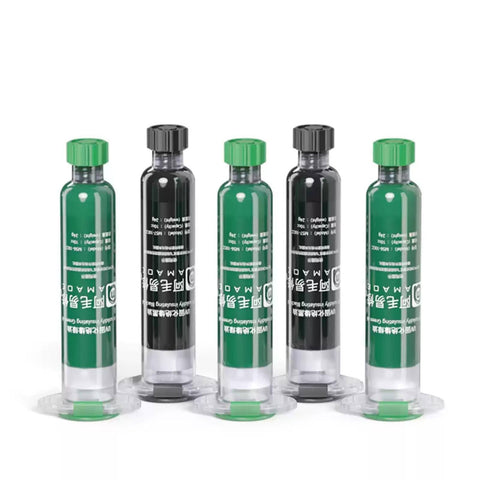 Five bottles of DIY Ready UV Curing Solder Mask Ink Set For PCB Repair Two Bottles In Black And Green, standing upright.