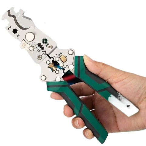 Everyday Carry Folding Wire Stripper for Electrical Maintenance and Quick Household Fixes held in hand, showing metallic blade and rubber grip.
