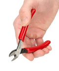 Hand holding Diagonal Cutting Pliers from Compact Five Piece Mini Pliers Set With Needle Nose, Long Nose, Flat Nose, Diagonal Cutting And End Cutting Pliers For Precision Crafting And Electronics Projects, Durable Handy Pro Grade Kit