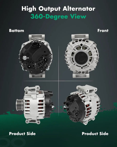 Direct Fit Plug And Play 12V 150Amp Alternator Replacement For Audi A3 2.0L 2008-2013 A3 Quattro 2.0L 2009-2013 VW CC 2.0L 2009-2017 And Tiguan 2.0L 2009-2017 With 6 Groove Pulley 06B903015AB, showing a 360-degree view with front, side, and bottom orientations.