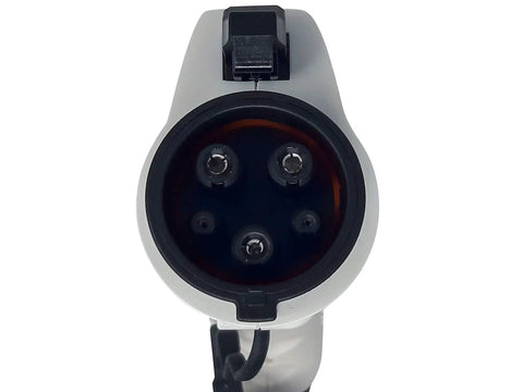 Close-up view of the connector for the Straight Up Heavy Duty Level 1 Plus 2 EV Charger With 25 Ft Cable 16 Amp 120 To 240 Volt Nema 6 20 Plug.