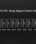 Eight-Piece Half Inch Drive Deep Socket Set For Axle Nuts, 12-Point Metric Cr-Mo Sockets, Deep Impact Sockets 29mm To 39mm