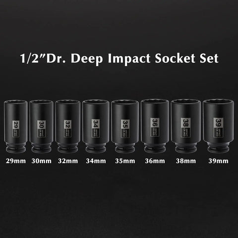 Eight-Piece Half Inch Drive Deep Socket Set For Axle Nuts, 12-Point Metric Cr-Mo Sockets, Deep Impact Sockets 29mm To 39mm