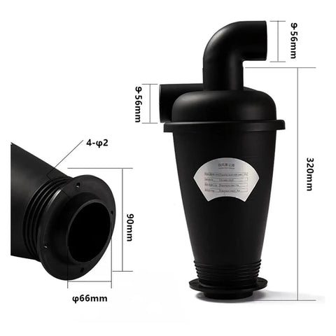 Turbocharged Dust Separator For Vacuum Cleaners DIY Upgrade Kit, black cylindrical design with measurements for woodworking and shop use.