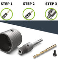 Heavy Duty Four Inch Concrete Hole Saw Kit components showing 100mm core drill bit, installation handle, and drill bits.