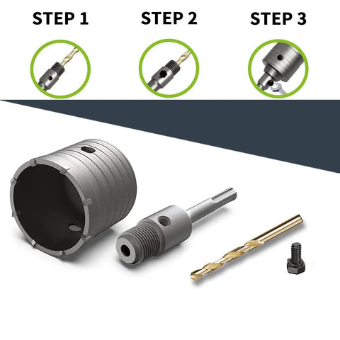 Heavy Duty Four Inch Concrete Hole Saw Kit components showing 100mm core drill bit, installation handle, and drill bits.